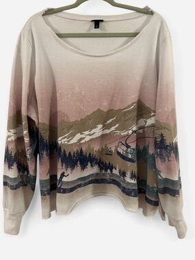 Women's Unique Scenic Mountain Print Long Sleeve Top - Beige Pink